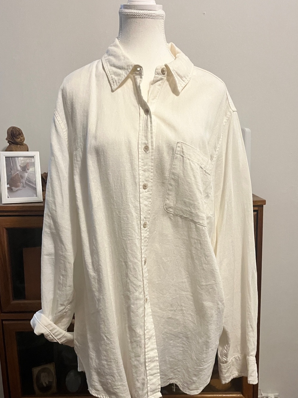 Linen Long Sleeve Collared Button-Down Shirt - White XXL